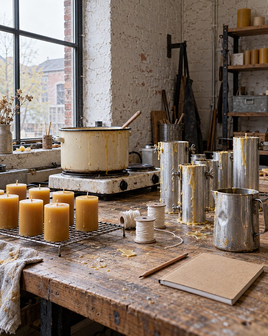 Werkbank in het atelier met smeltpot, mallen en stompkaarsen die afkoelen
